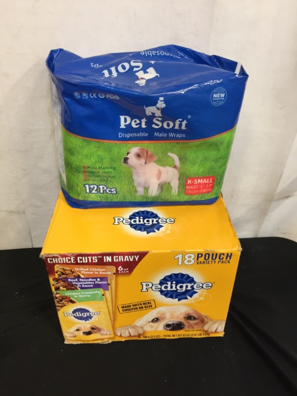 Photo 3 of 2PC LOT
Pet Soft Disposable Dog Wraps - Disposable Male Dog Diapers for Male Puppy Doggy Marking Incontinent 12-72 Counts

PEDIGREE Choice Cuts in Gravy Adult Wet Dog Food, 3.5 oz. Pouches EXP 06/2022

