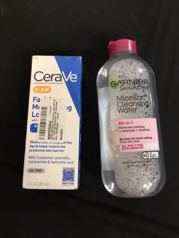 Photo 3 of 2PC LOT
Garnier SkinActive Micellar Cleansing Water, For All Skin Types, 13.5 Fl Oz

CeraVe AM Facial Moisturizing Lotion SPF 30 | Oil-Free Face Moisturizer with Sunscreen | Non-Comedogenic | 3 Ounce



