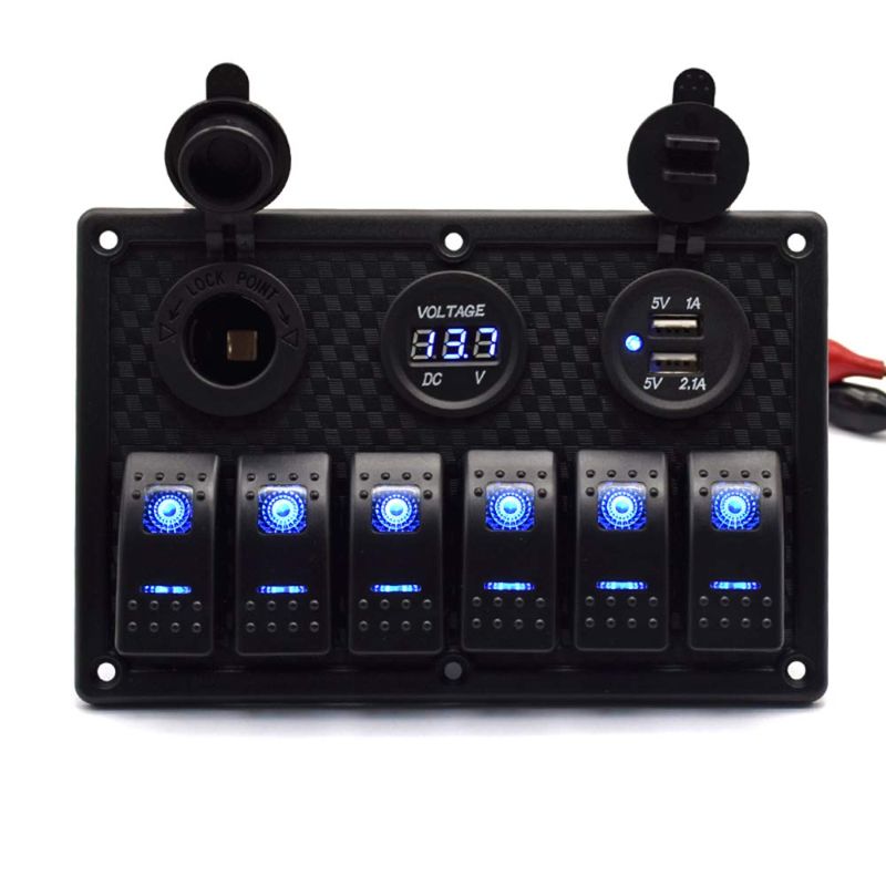 Photo 1 of 6 Gang Marine Boat Rocker Switch Panel 12V Waterproof RV Led Switch Panel for Car Truck Marine Boat, Digital Voltmeter Display Dual USB Charger Port DC 12 Volt Socket 12/24V Blue Lighted
