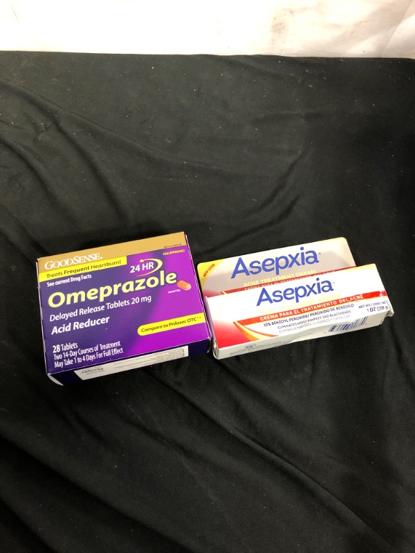 Photo 3 of 2PC LOT
GoodSense Omeprazole Delayed Release Tablets 20 mg, Stomach Acid Reducer for Frequent Heartburn Treatment, 28 Count
EXP02/22

Asepxia Acne Spot Treatment Cream for Pimples and Blackheads with 10% Benzoyl Peroxide, 1 ounce EXP 01/236
