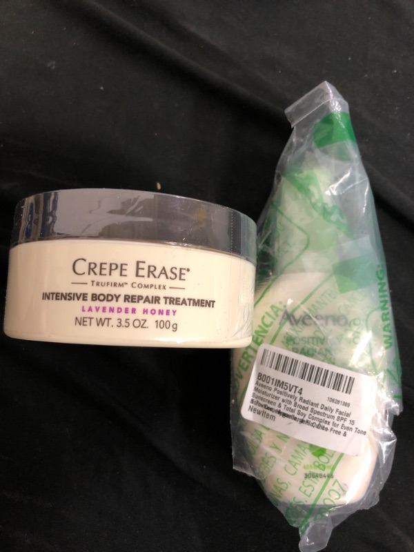 Photo 1 of 2PC LOT
Aveeno Positively Radiant Daily Facial Moisturizer with Broad Spectrum SPF 15 Sunscreen & Total Soy Complex for Even Tone & Texture, Hypoallergenic, Oil-Free & Non-Comedogenic, 4 fl. oz

CREPE ERASE BODY REPAIR 