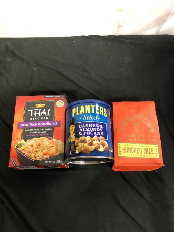 Photo 1 of 3PC LOT
Stumptown Coffee Roasters, Hundred Mile - Organic Whole Bean Coffee - 12 Ounce Bag, Flavor Notes of Jam and Toffee EXP 08/18/21

PLANTERS Select Cashews, Almonds & Pecans, 15.25 oz. Resealable Container - Salted Nuts - Kosher, Packaging may Vary
E