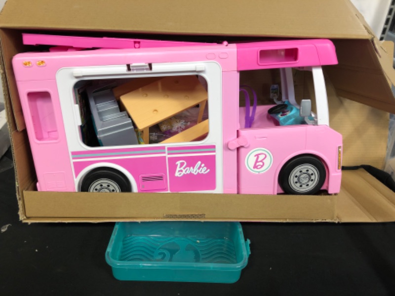 Photo 2 of ?Barbie 3-in-1 DreamCamper Vehicle, approx. 3-ft, Transforming Camper with Pool, Truck, Boat and 50 Accessories, Makes a Great Gift for 3 to 7 Year Olds
