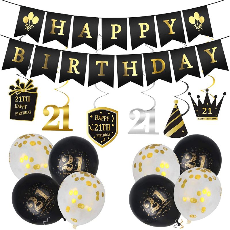 Photo 1 of Birthday Decorations 21st Birthday Gifts for Women & Men & Girl & Boy, Happy Gold Birthday Banner Balloons Hanging Swirls for Happy Birthday Decorations, Baby Shower, Wedding, Party Decorations
