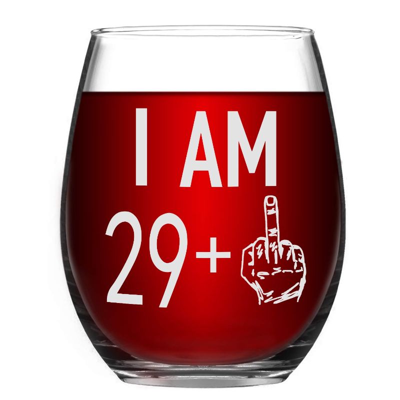 Photo 1 of 29 + One Middle Finger Wine Glass 30th Birthday Gift Funny Stemless Wine Glasses for Men and Women Turning 30 Personalized Bday Glasses Gift Idea Wine Cup 15oz Capacity Party Decoration (30th, 15oz)
