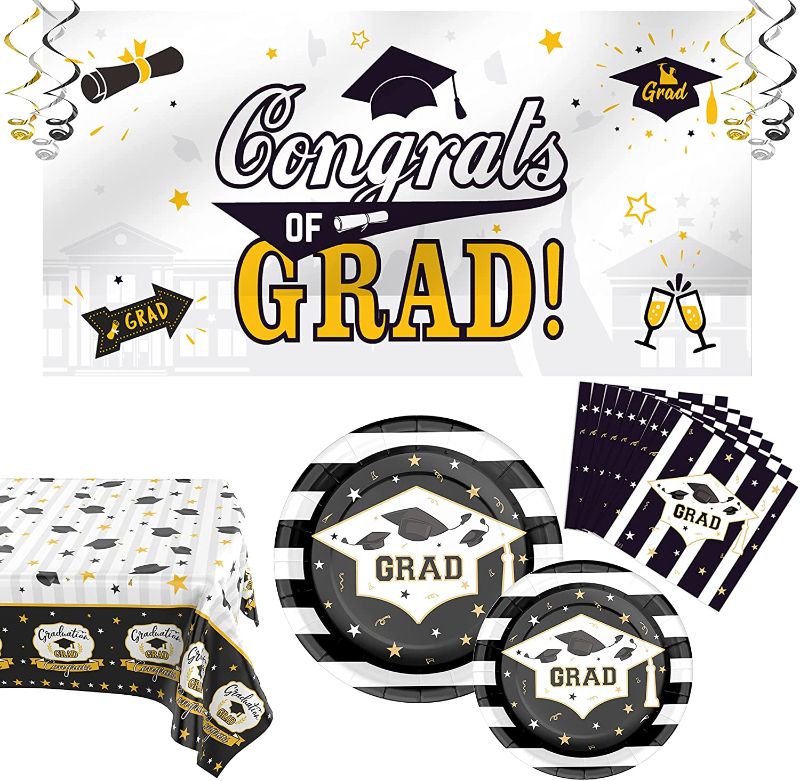 Photo 1 of 2021 Graduation Decorations Party Decorations, Graduation Party Supplies Congrats Grad! Including graduation 2021 plates and napkins, Tablecloth, banner, Hanging Swirls
