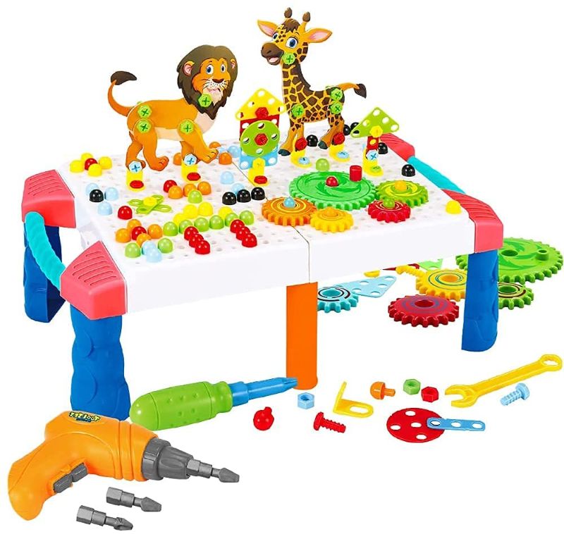 Photo 1 of Drill Puzzle Toy for Kids 228 Pcs Creative Mosaic Drill Puzzle Kit 3D Construction Engineering Building Blocks with Animal Parts and DIY Table Electric Drill Screw Puzzle Educational Toys Gift
