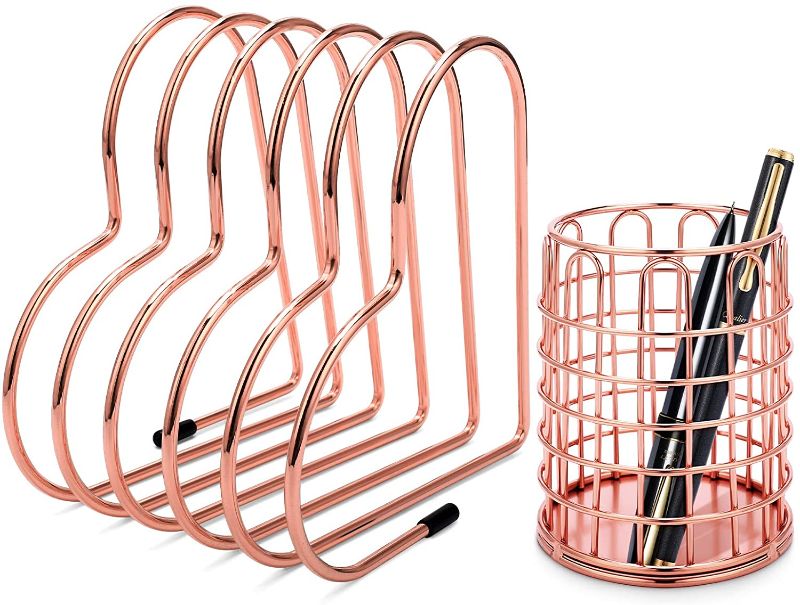 Photo 1 of XYKJ File Organizer+Magazine Holder+Pencil Holder,Metal Desk Organizer Set, Adjustable File Folder Organizer with Pencil Holder Decor for Office Home Photography Props,Rose Gold
