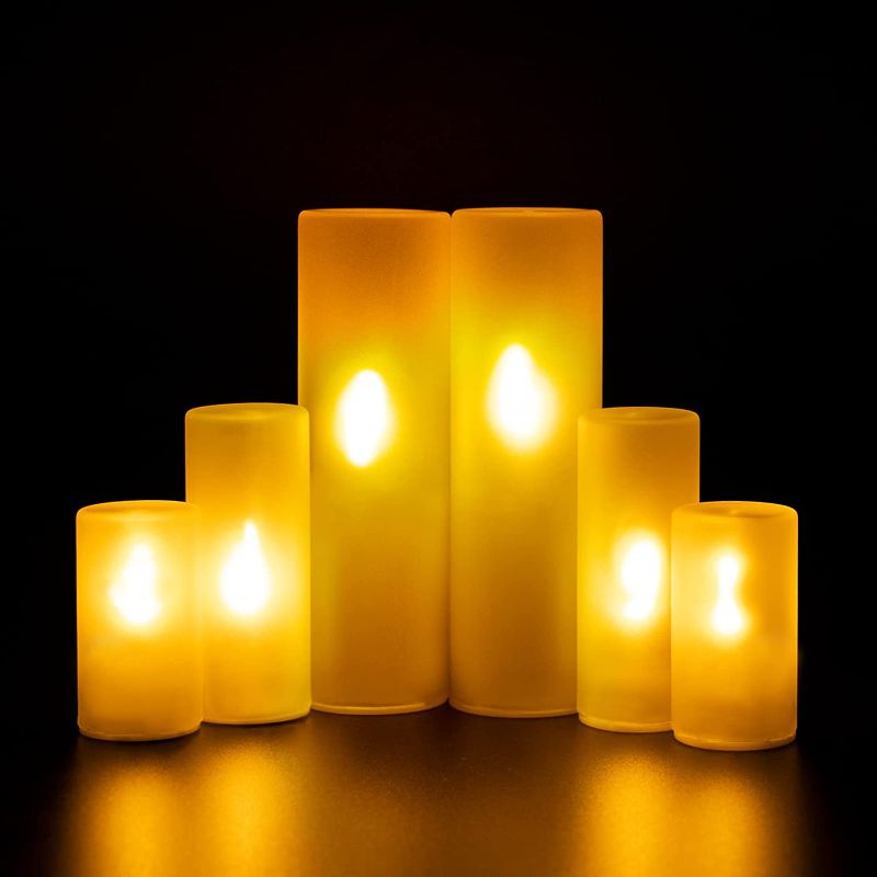 Photo 1 of Aipatal Flickering Flameless Candles, Frosted Glass White Pillar Candles Waterproof, 6 Pack LED Battery Operated Candles of 5.7" 3.4" 2.4 (H) for Wedding Party Christmas Birthdays Bedroom Dining Room
2 COUNT 