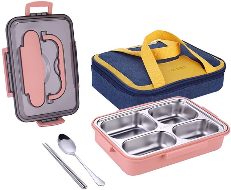 Photo 1 of ArderLive Bento Lunch Box, Stainless Steel Divided Lunch Box with 4 Compartments, Leakproof Lunch Container With Lunch Bag Spoon Chopsticks School Office Camping Pink
