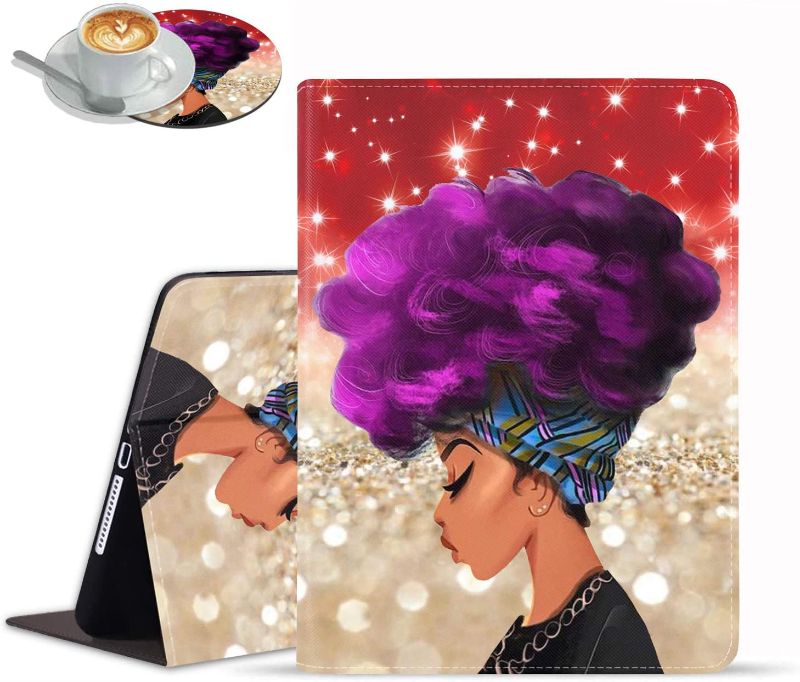 Photo 1 of iPad 9.7 2018/2017 Case,Folio Smart Cover Stand Shockproof TPU Case with Auto Sleep/Wake for iPad 6th/5th Gen,African Women with Purple Hair Hairstyle (with Coasters)
