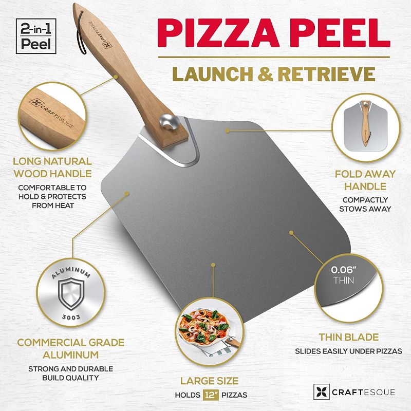 Photo 1 of CRAFTESQUE Pizza Peel Set - Aluminum Pizza Paddle 12 inch x 14 inch with Long Folding Handle + Stainless Steel Pizza Cutter & Pizza Server | Pizza Shovel | Pizza Spatula | Pizza Tools
