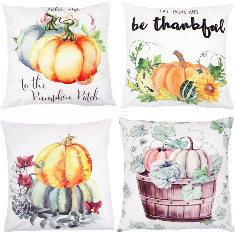 Photo 1 of Autumn Pumpkin Fall Decorative Throw Pillow Covers 16 x 16 Inch Set of 4,ZUEXT Cotton Blend Square Farmhouse Pillowcases Cushion Cover for Car Bed Couch Patio Decor,Halloween Thanksgiving Pillow case
