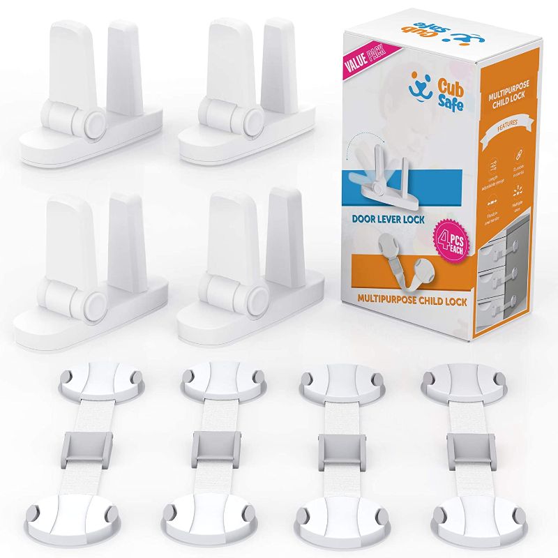 Photo 1 of Improved Childproof Door Lever Lock (4 Pcs) and Multipurpose Safety Straps (4 Pcs) with Adjustable Strap and 3M Adhesive. Toddler Proofing. No Tools Required.
