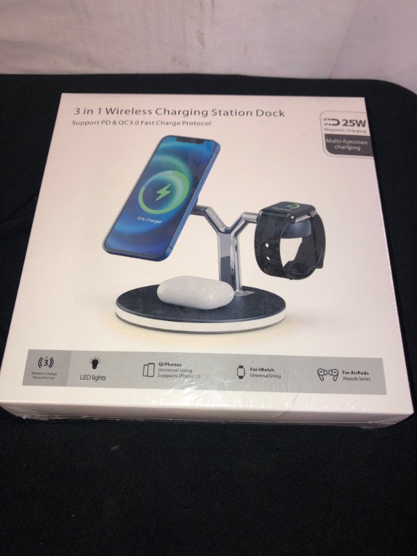 Photo 2 of ETS 3 in 1 Magnetic Wireless Charging Station Compatible with MagSafe Fast Wireless Charger Stand with QC3.0 Adapter 25W for Apple iPhone 12 Series Charger iPhone Watch AirPods and Built-in LED Light
