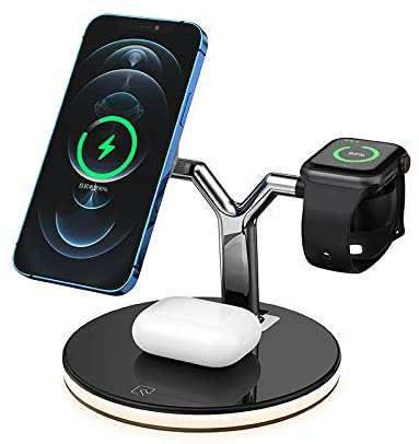 Photo 1 of ETS 3 in 1 Magnetic Wireless Charging Station Compatible with MagSafe Fast Wireless Charger Stand with QC3.0 Adapter 25W for Apple iPhone 12 Series Charger iPhone Watch AirPods and Built-in LED Light
