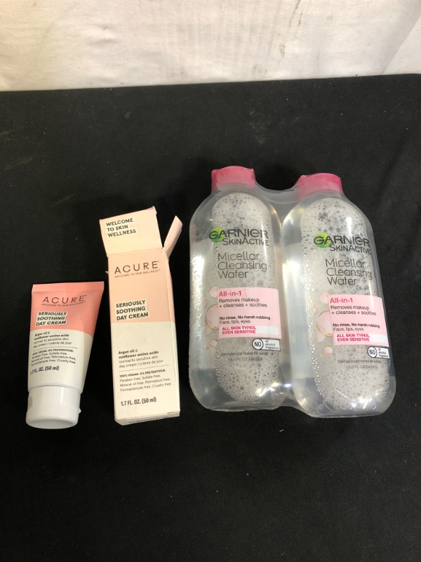 Photo 5 of 2PC LOT
Garnier SkinActive Micellar Cleansing Water For All Skin Types, 13.5 Ounces (Pack of 2)

Acure Seriously Soothing Day Cream | 100% Vegan | For Dry to Sensitive Skin | Argan Oil, Sunflower Amino Acids & Chamomille - Nourishes & Soothes | 1.7 Fl Oz,