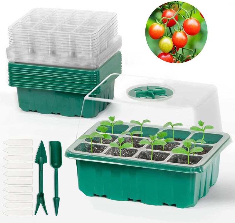 Photo 1 of Chunedu 10 Packs Seed Starter Tray Seed Starter Kit with Adjustable Humidity Dome Seed Starting Trays and Base Mini Greenhouse Germination Kit for Seeds Growing Starting (12 Cells per Tray,Green)
