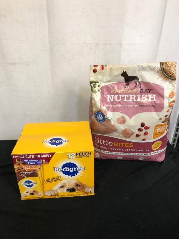 Photo 3 of 2PC LOT, PET FOOD
Rachael Ray Nutrish Little Bites Small Breed Natural Real Chicken & Veggies Recipe Dry Dog Food, 6 Lbs. EXP 02/07/22

PEDIGREE Choice Cuts in Gravy Adult Wet Dog Food, 3.5 oz. Pouches EXP 09/22