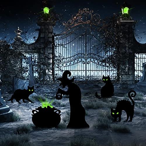 Photo 1 of 5 Pack Halloween Yard Signs Stakes Outdoor Decorations,1 Witches and Black Cauldron Silhouette and 3 Scary Black Cat Weatherproof Halloween Signs for Lawn Garden Creepy Family Halloween Plastic Decor
