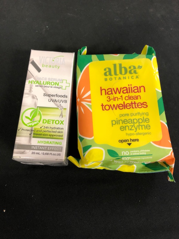 Photo 1 of 2PC LOT
Alba Botanica Hawaiian Towelettes 3In1 30 Ct

Victoria Beauty Hyaluron+ Face Serum with Hyaluronic Acid and Hydrating Superfoods – The Best Anti-Aging and Anti-Wrinkle Moisturizer – 100% Vegan Product, 20ml EXP 11/22


