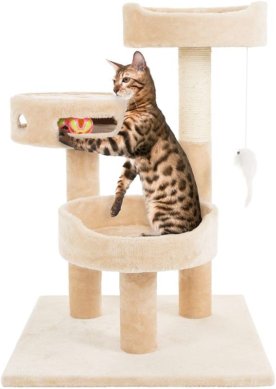 Photo 1 of 3-Tier Cat Tower Collection - 2 Carpeted Napping Perches, Sisal Rope Scratching Post, Hanging Mouse, and Interactive Cheese Wheel Toy
