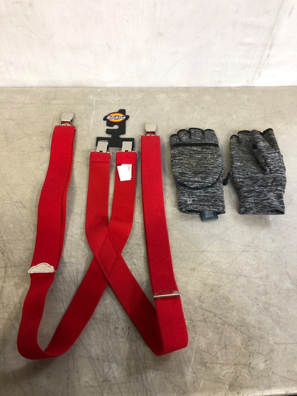 Photo 1 of 2PC LOT, RED SUSENDERS, GREY GLOVES, USED ITEMS