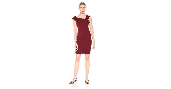 Photo 1 of Brand - Lark & Ro Women's Asymmetrical Flounce Neckline Sheath Dress, Deep Wine, 6
SIZE 6