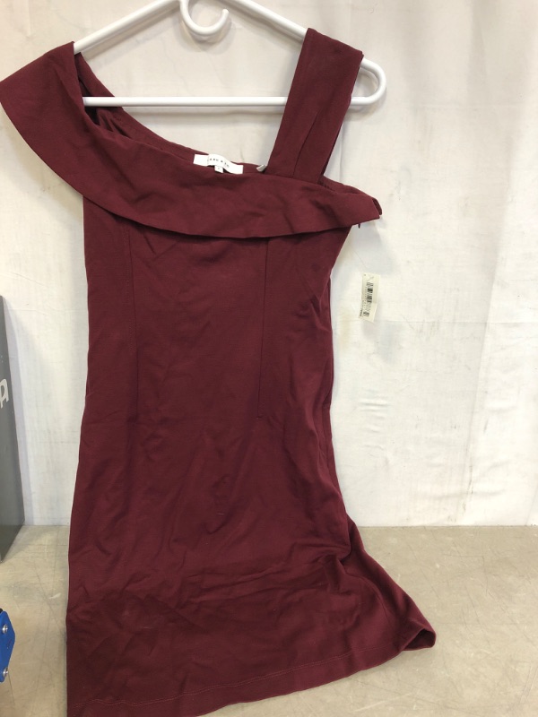 Photo 2 of Brand - Lark & Ro Women's Asymmetrical Flounce Neckline Sheath Dress, Deep Wine, 6
SIZE 6