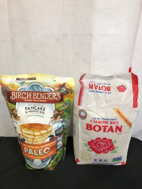 Photo 1 of 2PC LOT
Birch Benders Paleo Pancake & Waffle Mix, Made With Cassava, Coconut & Almond Flour, Just Add Water, 28 Oz EXP 01/17/22

Botan Musenmai Calrose Rice, 5 Pound, EXP UNKNOWN
