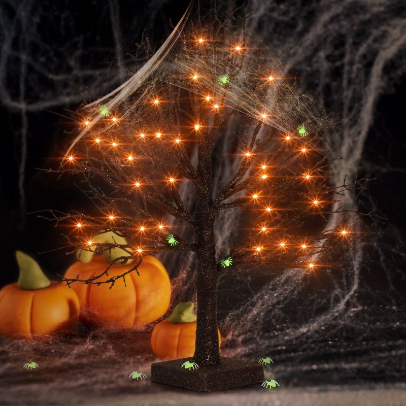 Photo 1 of FastDeng 1.5Ft Black Halloween Tree, Black Glitter Spooky Tree with 36 Orange Lights, Spider Web and 10 Luminous Spiders, Battery Powered Timing Tabletop Tree for Indoor Outdoor Halloween Decoration
