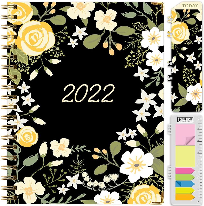 Photo 1 of HARDCOVER 2022 Planner: (November 2021 Through December 2022) 8.5"x11" Daily Weekly Monthly Planner Yearly Agenda. Bookmark, Pocket Folder and Sticky Note Set (Black Floral Yellow)
