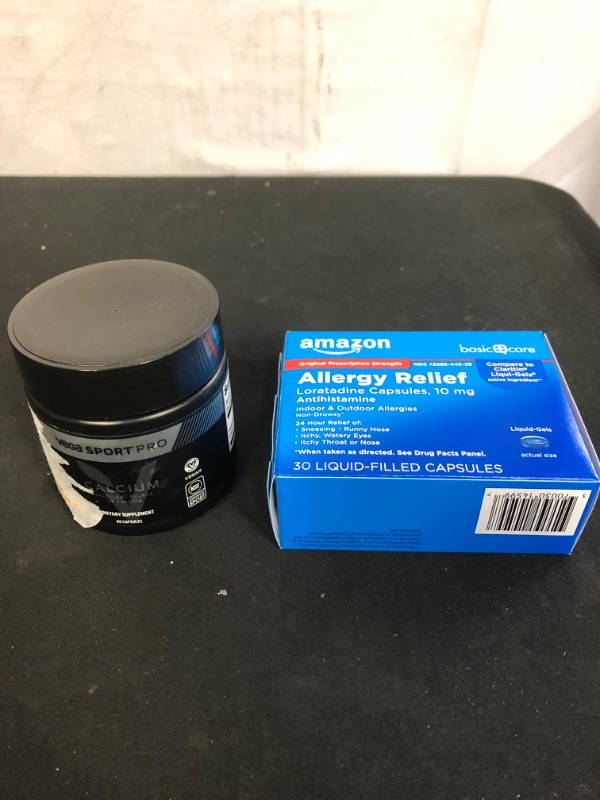 Photo 3 of 2PC LOT
Vega Sport Pro Supplements, Calcium 600mg, 60 Capsules - NSF Certified, Certified Vegan, Gluten Free Pills (30 day'supply)
EXP 02/22

Amazon Basic Care Loratadine Capsules 10 mg, Antihistamine, 24 Hour Relief, Indoor & Outdoor Allergy Symptoms, 30