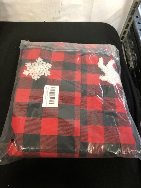 Photo 2 of ANWING Christmas Tree Skirt 48 Inch Burlap Tree Skirt with Black and Red Buffalo Plaid Holiday Tree Ornaments Home Office Decoration for Xmas Tree Decorations
