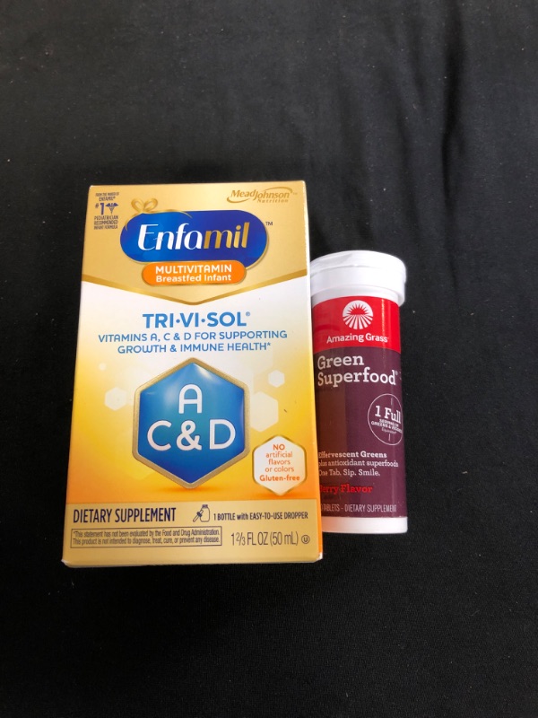 Photo 3 of 2PC LOT
Enfamil Tri-Vi-Sol Vitamin A, C & D Multi-Vitamin Drops for Infants, Supports Growth & Immune Health, 50 mL Dropper Bottle EXP 03/01/22

AMAZING GRASS Berry Green Superfood Drink Tabs, 10 CT
EXP 03/22
