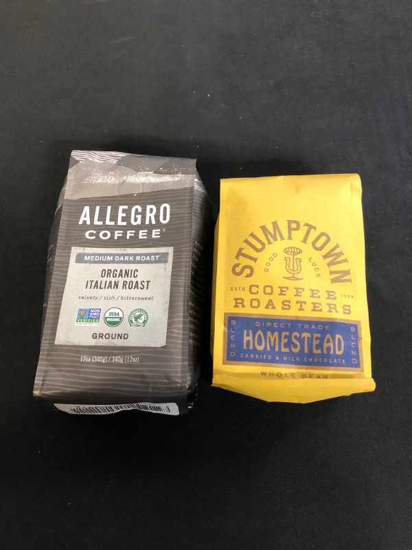 Photo 1 of 2PC LOT
Stumptown Coffee Roasters, Homestead Blend - Whole Bean Coffee - 12 Ounce Bag, Direct Trade Coffee, Flavor Notes of Milk Chocolate, Cherry and Orange, EXP 07/13/21

Allegro Coffee Organic Italian Roast Ground Coffee, 12 oz EXP 06/12/21
