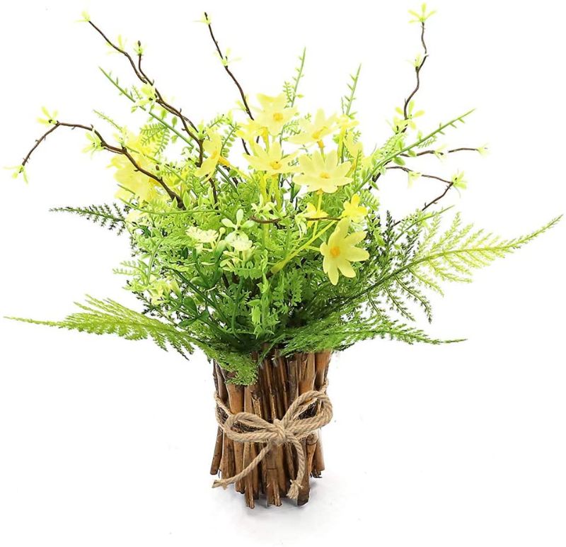 Photo 1 of Artificial Flower Arrangement Fake Plastic Plant Bouquet Bunch Bundle with Bamboo Wood Stems (Grass, Asparagus Fern, Purslane, Daisies) Greenery Decoration for Wedding Centerpiece, Home Decoration
