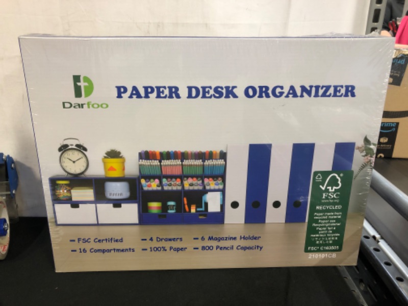 Photo 2 of Desk Organizer Set with 6 Magazine File Holder Organizer 4 Drawers & 16 Compartments - Huge Capacity Pen Holder for Home, School, Office Supplies, FSC Certified Cardboard, DIY Project, Blue
