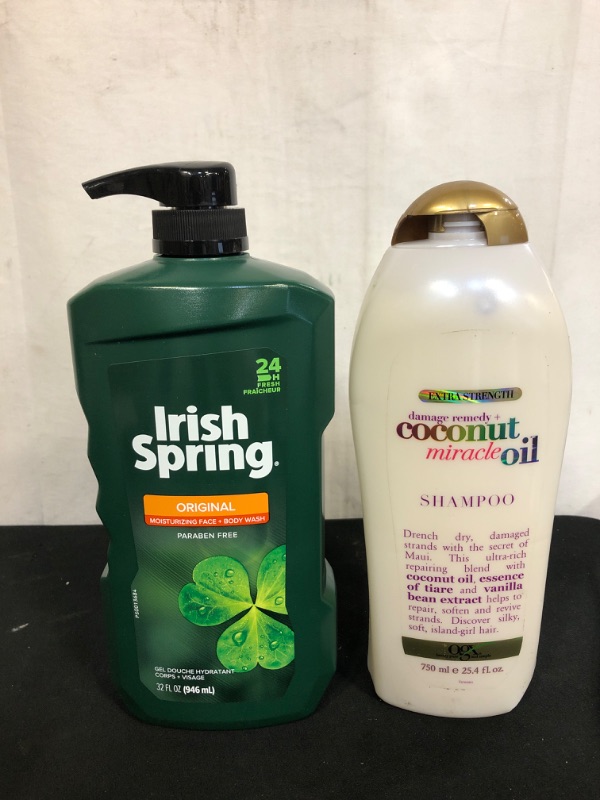 Photo 1 of 2PC LOT PERSONAL HYGIENE PRODUCTS
OGX Extra Strength Damage Remedy + Coconut Miracle Oil Shampoo for Dry, Frizzy or Coarse Hair, Hydrating & Flyaway 
Taming Shampoo, Paraben-Free, Sulfate-Free Surfactants, 25.4 Fl Oz

Irish Spring Men's Body Wash Pump, Or