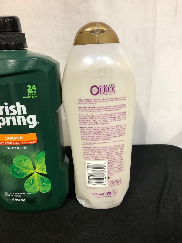 Photo 2 of 2PC LOT PERSONAL HYGIENE PRODUCTS
OGX Extra Strength Damage Remedy + Coconut Miracle Oil Shampoo for Dry, Frizzy or Coarse Hair, Hydrating & Flyaway 
Taming Shampoo, Paraben-Free, Sulfate-Free Surfactants, 25.4 Fl Oz

Irish Spring Men's Body Wash Pump, Or