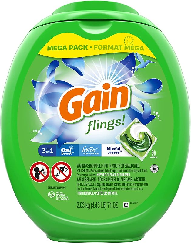 Photo 1 of Gain flings! Liquid Laundry Detergent Soap Pacs, HE Compatible, 96 Count, Long Lasting Scent, Blissful Breeze Scent
