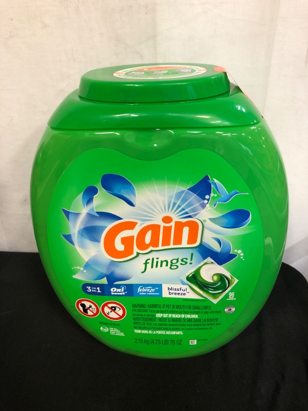 Photo 2 of Gain flings! Liquid Laundry Detergent Soap Pacs, HE Compatible, 96 Count, Long Lasting Scent, Blissful Breeze Scent
