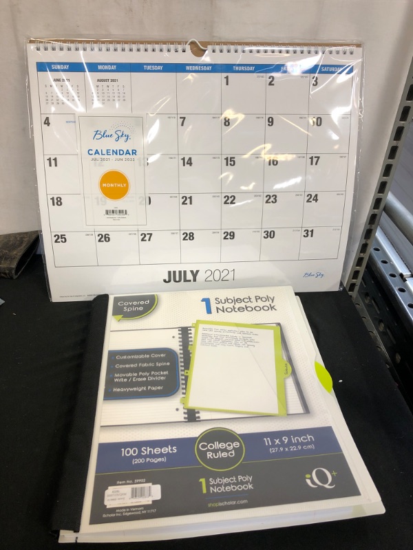 Photo 3 of 2PC LOT
Blue Sky 2021-2022 Academic Year Monthly Wall Calendar, 15" x 12", Wirebound, Unlined Blocks, Classic (135556)

IQ+ iScholar 1-Subject Poly Cover Wirebound Notebook, College Ruled, 11 x 8.5 Inch Sheet Size, 100 Sheets, White (59902-WH)

