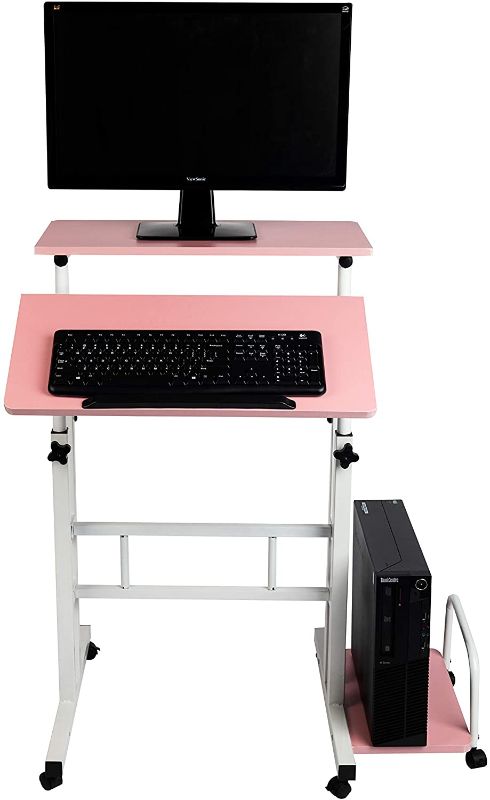 Photo 1 of Mind Reader Mobile Sitting Standing Desk Rolling Reversible Home Office Laptop Workstation with Side Storage, Locking Wheels, Large, Pink
