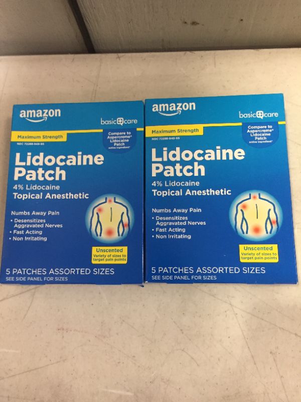 Photo 3 of Amazon Basic Care Lidocaine Patches, 4% Lidocaine, Maximum Strength Pain Relief Patches in Assorted Sizes, Fragrance Free, 5 Count
2 pack  (factory sealed)
exp 05/2022