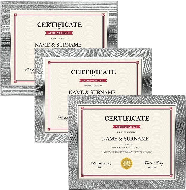 Photo 1 of 8.5 x 11 Picture Frames Set of 3, 8.5x11 Document Certificate Award Frame with Sparkling Silver Edge High Definition Glass for Tabletop Display, Silver
