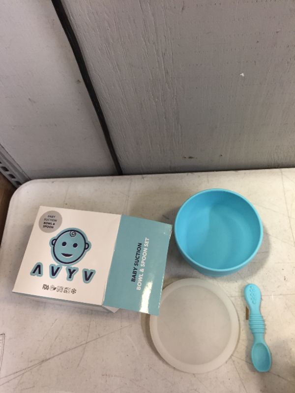 Photo 2 of AVYV Baby Suction Bowl Set - Silicone Feeding Plate with Non-Slip Grip Base and Round Edge - First-Stage Eating Dinnerware Utensils for Infants and Toddlers - Non-BPA (Sky Blue)
