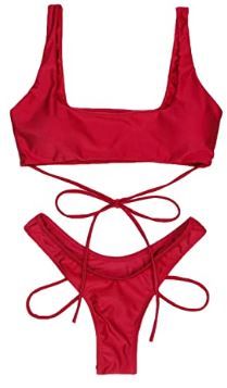 Photo 1 of ESONLAR Women's Strappy Bikini Top High Rise Thong Cut Cheeky Bottoms 2PCS Swimsuit
size M