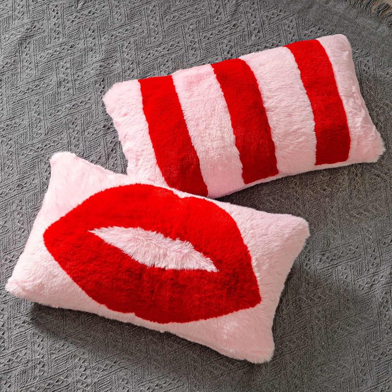 Photo 1 of DARIDO Throw Pillow Covers 12x20 inch, Luxury Faux Fur Lumbar Throw Pillow Covers Set of 2 Pillow Cases Striped & Sexy Red Lip Designed Cushion for Sofa Bedroom
