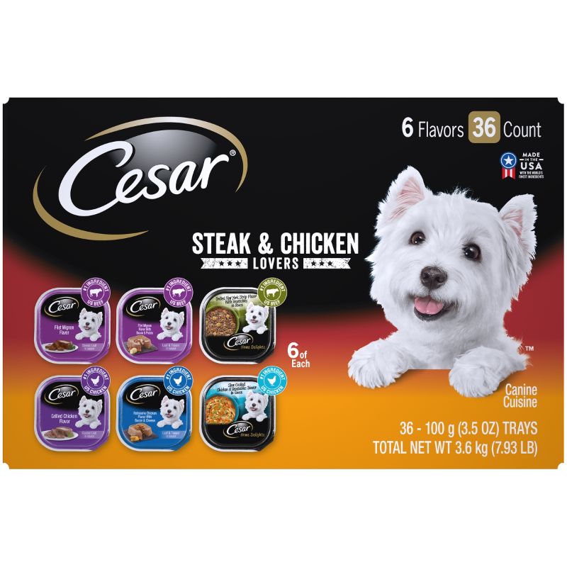 Photo 1 of (36 Pack) CESAR Wet Dog Food Steak and Chicken Lovers Variety Pack with Real Meat or Real Chicken, 3.5 Oz. Easy Peel Trays

exp 3/2023